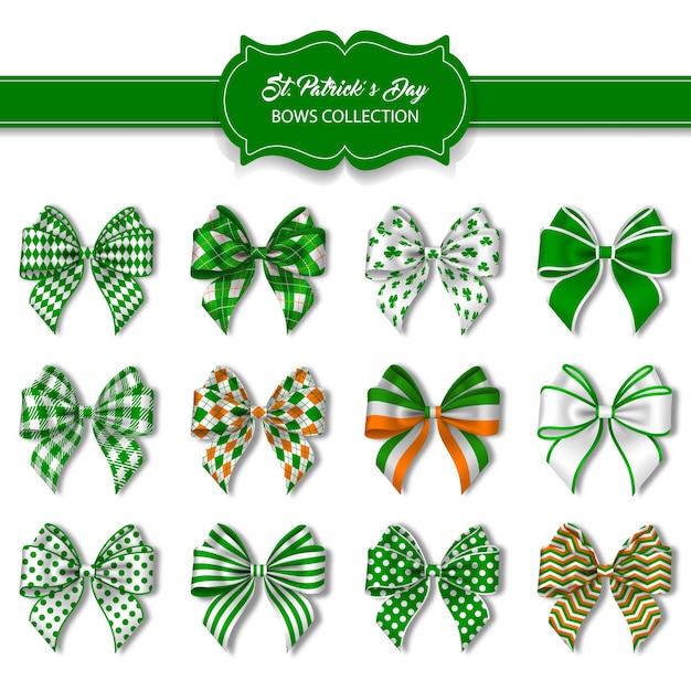 Vector set of saint patrick day bows collection of isolated bows with irish colors and decorations