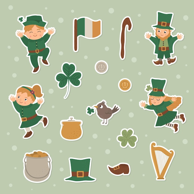 Set saint patrick day-stickers. nationale ierse feestdag symbolen. leuke grappige kabouter in groene kleren met klaver en traditionele voorwerpen.