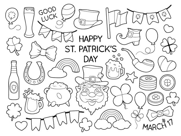 Set of Saint Patrick's day celebration themed vector illustrations Black white coloring outlines