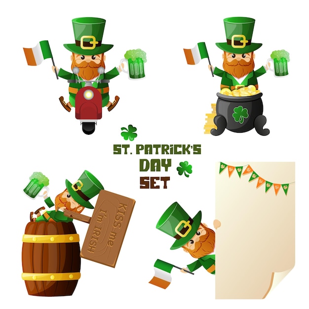 Set di saints patrick eroe irlandese illustrazione vettoriale leprechaun diverse poste collezione