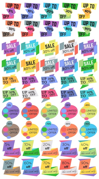 Set of Sale Discount Labels, Tags, Emblems. Web collection of stickers and badges for sale. Isolated vector illustration.