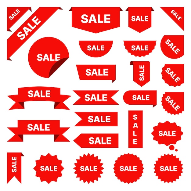 Set of sale labels. Sale tag, sticker, badge, ribbon. Discounts on red ribbons or badges.
