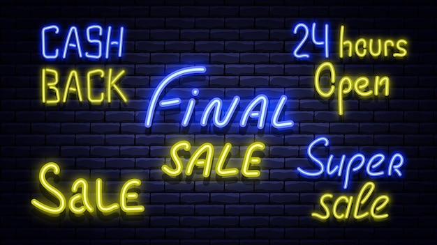 Set of sale neon glowing banners on brick wall Vector illustration