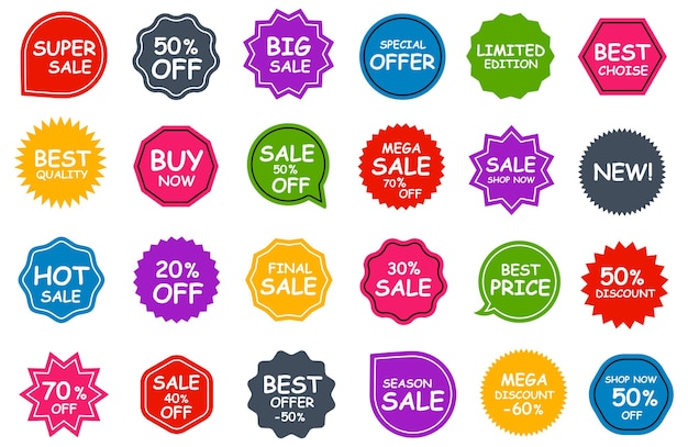 Set of sale stickers with different discounts and offers Vector shop labels Black friday badge col