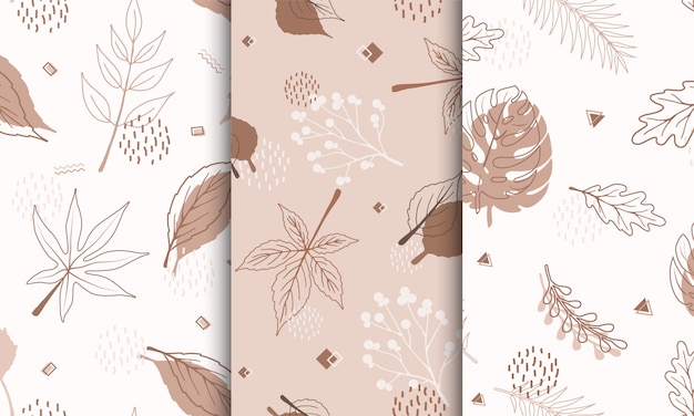 Set of samples pattern with abstract autumn elements, shapes, plants and leaves in one line style.