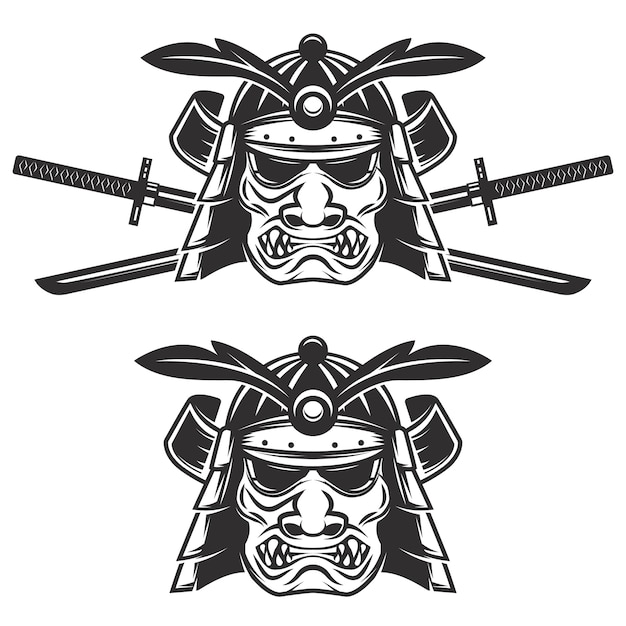 Set of the samurai mask with crossed swords  on white background.  elements for , label, emblem, sign, brand mark.  illustration.