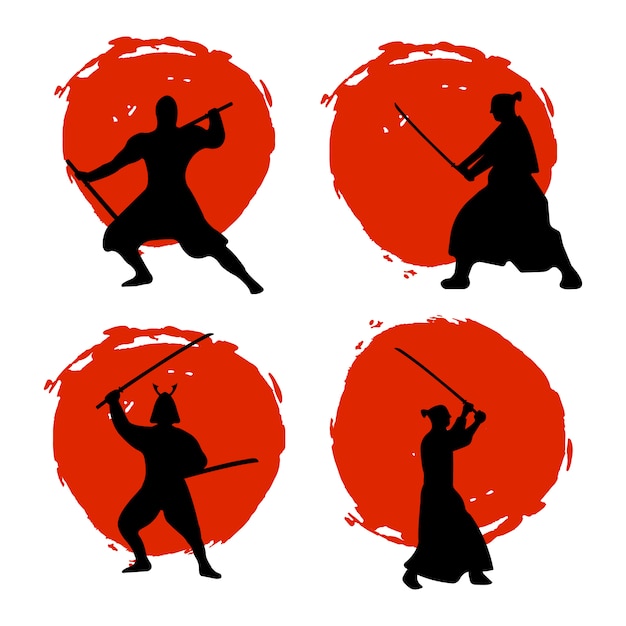 Set di samurai warriors silhouette sulla luna rossa