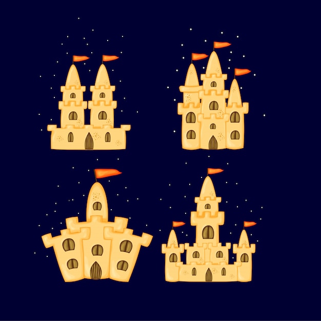 Set di castelli di sabbia di diverse forme. collezione di cartoni animati estivi