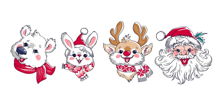 Set of santa and animal heads
