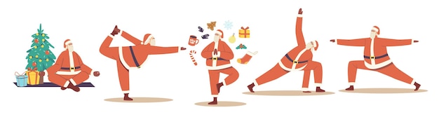 Set di babbo natale che fa pose di yoga. il personaggio di natale medita e rilassati all'albero di natale. sport di vacanza invernale, santa sana stand in varie posture rilassate mascotte sveglia. fumetto illustrazione vettoriale