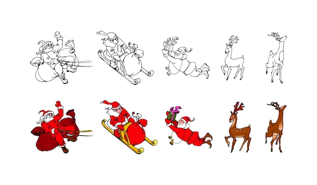 A set of Santa Claus on a sleigh with gifts. For holiday cards. Contour lines in black ink.