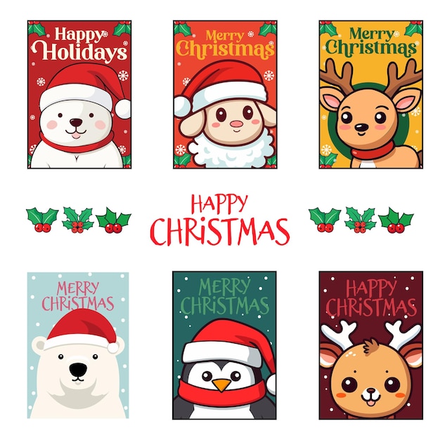 Set of Santa HatWearing Christmas Animals On Kids Christmas Cards