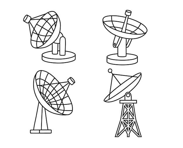 Vettore set di icone di parabola satellitare in stile contorno