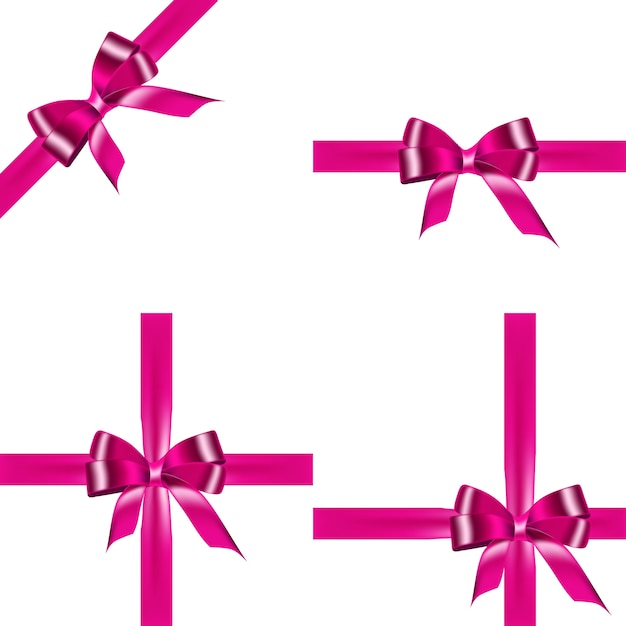 Set satin bows of pink ribbon on white background