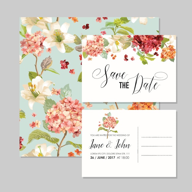 Vector set of save the date cards with autumn vintage hortensia flowers for wedding, invitation, party in