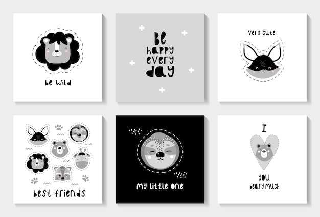 Vector set of scandinavian cards with cute animals