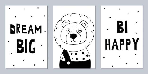 Set scandinavische zwart-wit posters met dieren en inscripties