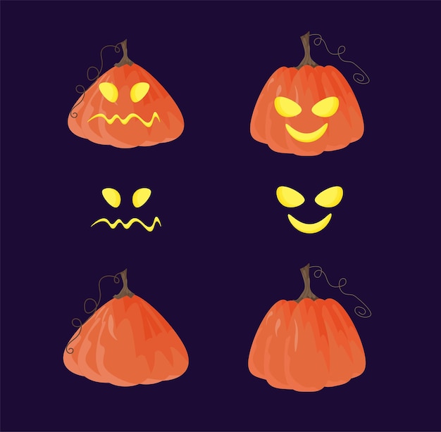 소름 끼치는 얼굴 Jackolantern 할로윈 휴일 기호 기호로 무서운 새겨진 할로윈 호박 세트 휴일 장식 엽서 초대장 배너에 대 한 벡터 일러스트 컬렉션