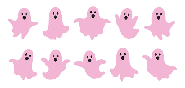 Vector set scary and funny pink ghosts with faces halloween silhouettes pink ghost character design decor