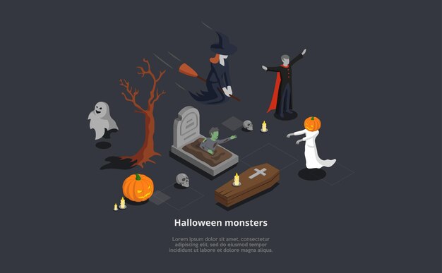 怖い等尺性ハロウィーンモンスターのセット。神秘的なキャラクターの魔女、吸血鬼、幽霊、ゾンビのベクトル3D構成。 LoremIpsumテキスト