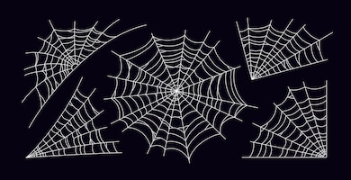 Set of scary spider web. white cobweb silhouette isolated on black background. hand drawn spider web for halloween party. vector illustration