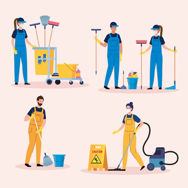 set scenes of cleaning service, workers of cleaning service with equipments illustration design