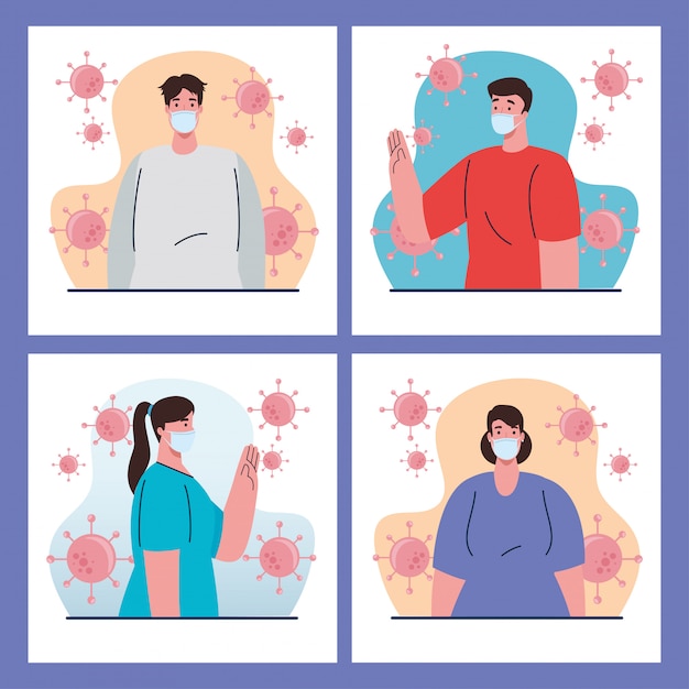 사회적 거리를 두는 장면을 설정하고 공공 장소에서 거리를 유지하며 코로나 바이러스를 예방합니다.