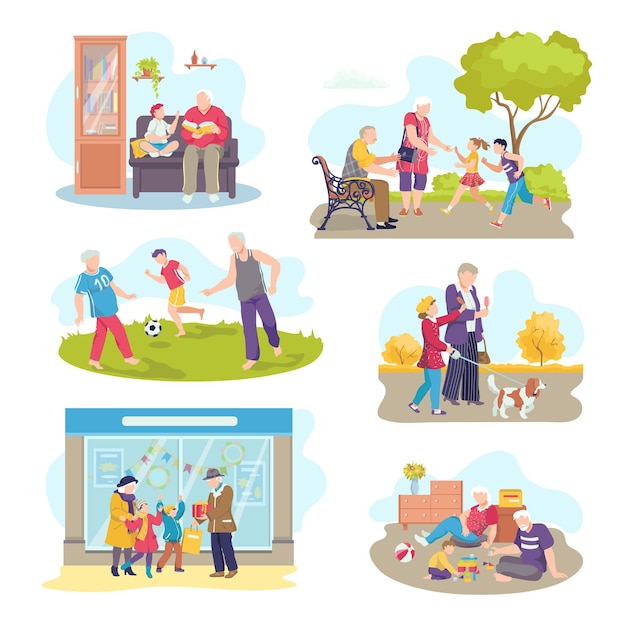 Vector set of scenes of grandparents with children