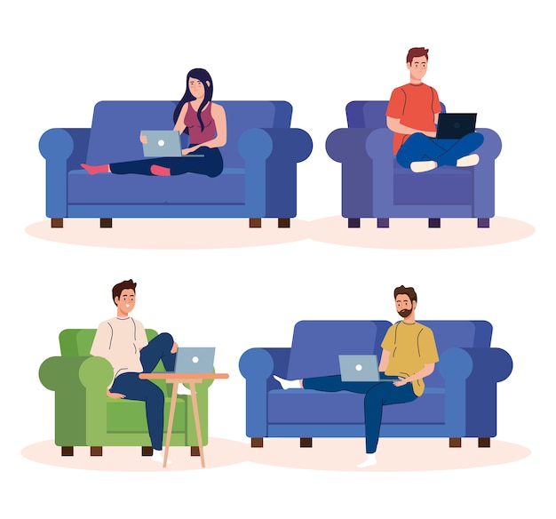 Vector set scenes of home working, freelancer couple working from home in relaxed pace, convenient workplaces