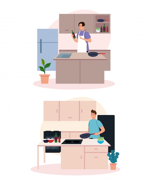 Vector set scenes of men cooking in the house scene