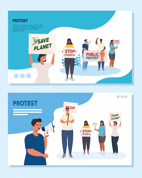 Vector set scenes, people on protests with placards, human right concept