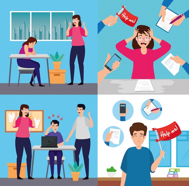 Vector set scenes of people with stress attack, overworked at office