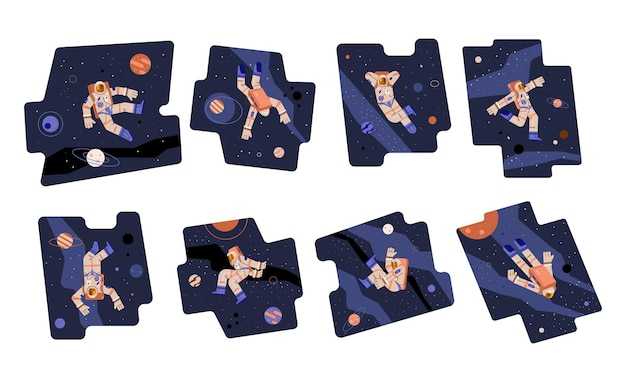 Set of scenes with astronauts in outer space flat style vector illustration