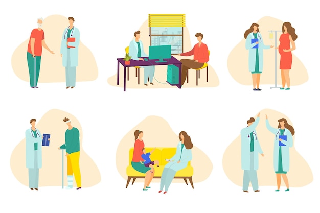 Vector set of scenes with doctor talk with cartoon patient in clinic