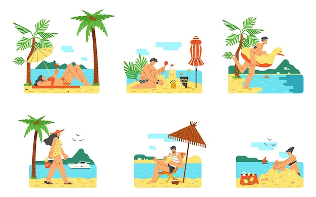 Set of scenes with people characters on beach rest flat style