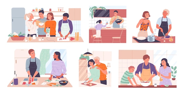 Vector set of scenes with people cooking food