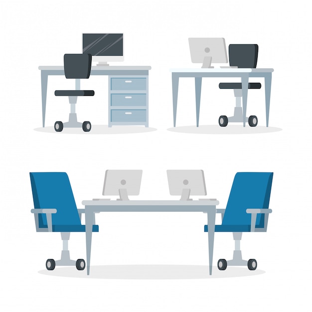 Vector set scenes of workplaces with desks and chairs