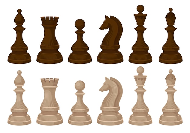Set schaakstukken Koning koningin pion ridder paard bisschop olifant en toren bruine en beige houten figuren strategisch bordspel Platte vector illustraties geïsoleerd op witte achtergrond