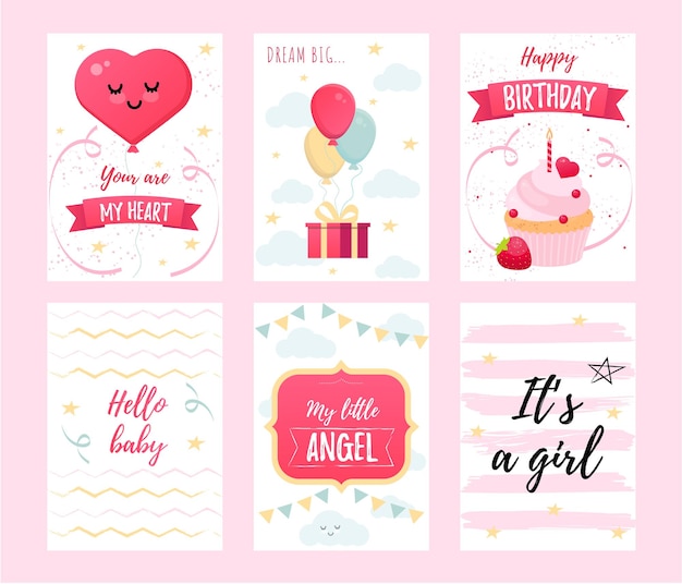 Vector set schattige babyshowerkaarten kaarten met hartjes luchtballonnen geschenkdoos en taart