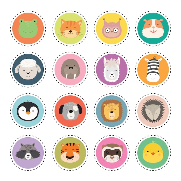 Set schattige dieren gezichten stickers.