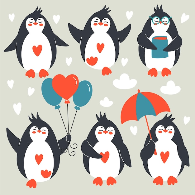 Vector set schattige vrolijke pinguïns met een boek paraplu ballen ijs eenvoudige baby vector illustratie vogel zuidpool karakter geïsoleerd op witte achtergrond