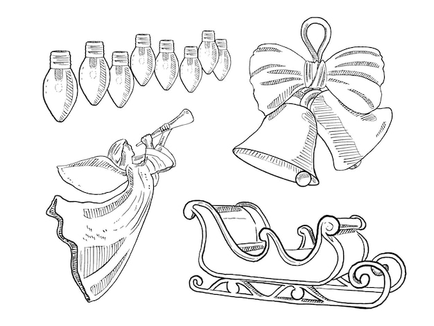 Set schets en met de hand getekend element kerstcollectie set gloeilamp engel pop sneeuwkar en bel