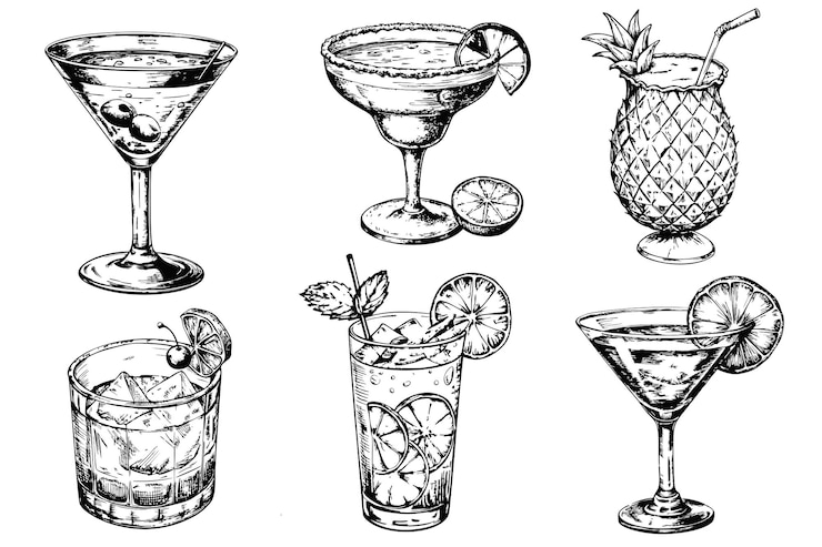 Vector set schetsen van modieuze cocktails op een witte achtergrond