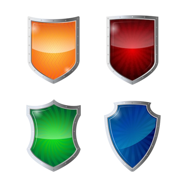 Set schilden bescherming, webbeveiliging, antivirus logo concept. reflectie glanzende groene, oranje, blauwe, gele rode schilden in chromen frames. beveilig de illustratie van de beleidsverdediging