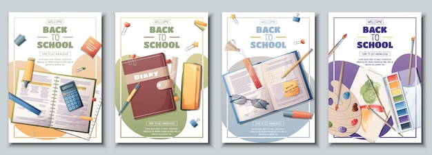 Set of school banners flyers with textbooks books pencils pens Back to school teacher's day love of knowledge Background poster with school supplies stationery