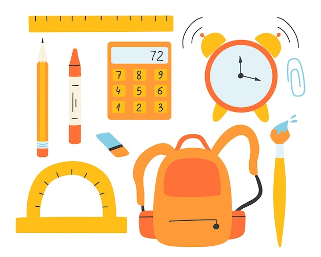 Set di elementi scolastici ritorno a scuola fine della raccolta scolastica illustrazione vettoriale stile piatto disegnato a mano zaino calcolatrice sveglia matita righello pennello goniometro