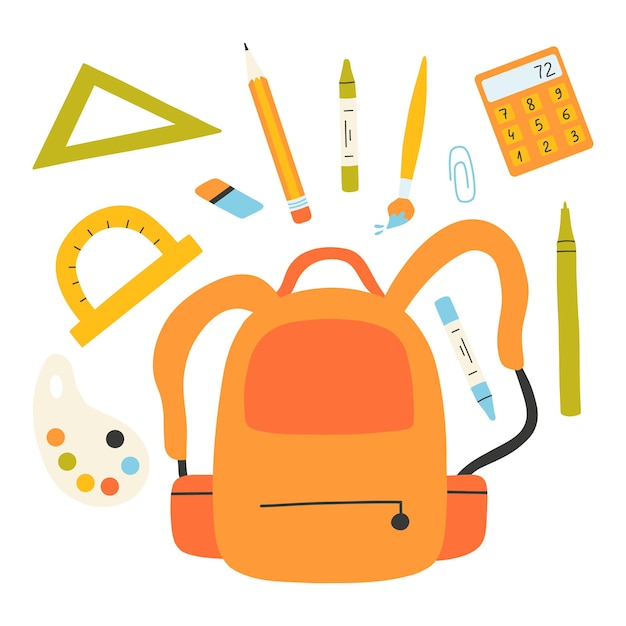 Set of school elements Back to school End of school collection Vector illustration Flat hand drawn style Backpack calculator pencil protractor brush