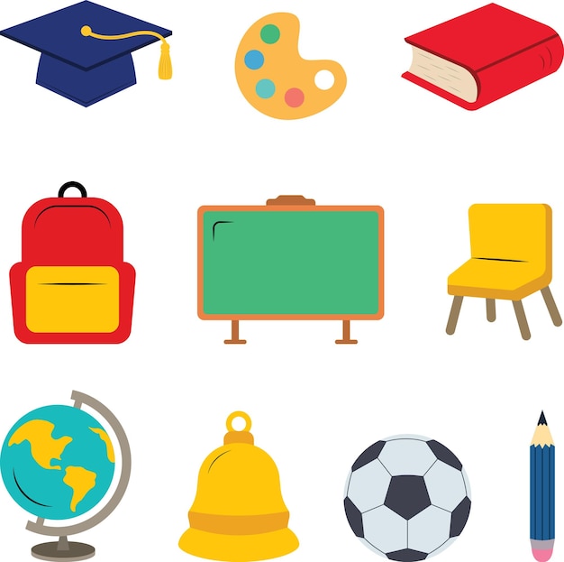 Vector set of school elements supplies student stuff at school