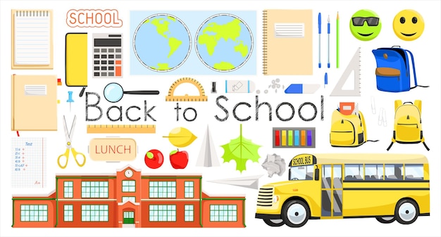 Vector set of school item icons cartoon objects and supplies include notebook backpack globe map lunch box school bus ruler building apple education and study at school concept vector illustration