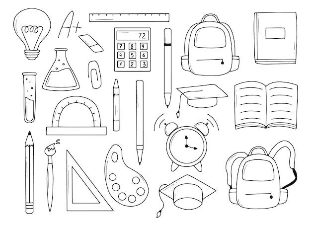 Set of school items Vector illustration Doodle style Collection of school elements Back to school End of school